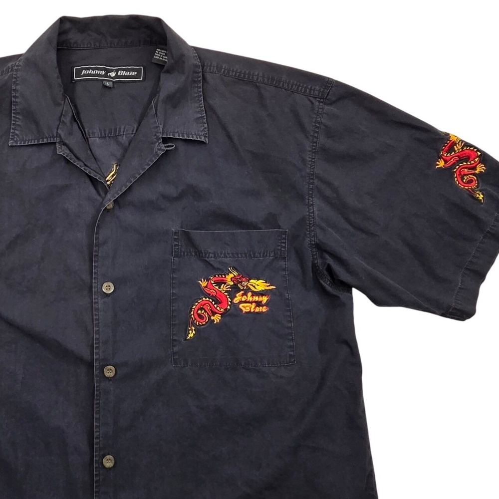 VTG Y2K Johnny Blaze Dragon Flame Embroidered Button Shirt Black Mens Large‎